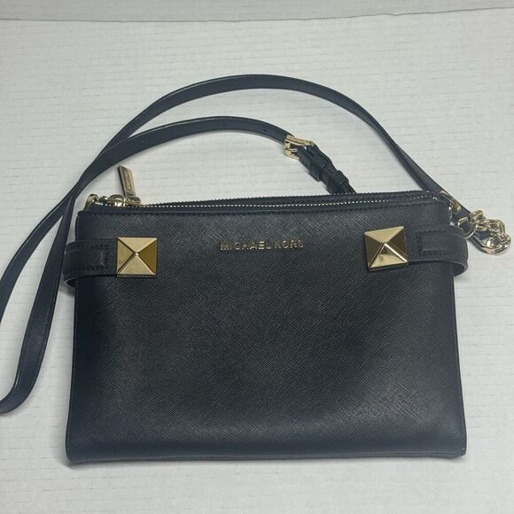 Michael Michael Kors Karla East West Leather Crossbody Bag Black and Gold - Picture 3 of 10